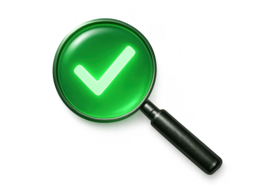 Magnifying glass showing green check mark on transparent background
