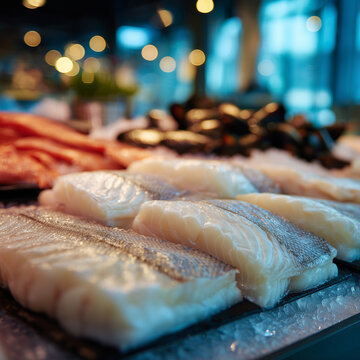 Cod fillets and other seafood lie on display at a store or fish market