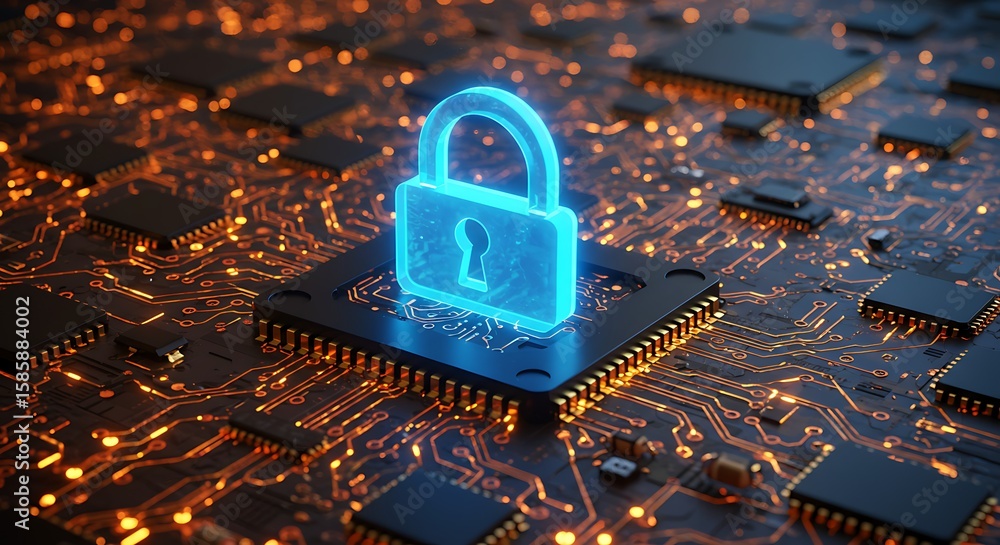 Poster glowing blue padlock on a computer circuit board with orange circuits