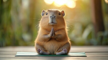 Capybara practicing yoga in serene outdoor setting during golden hour