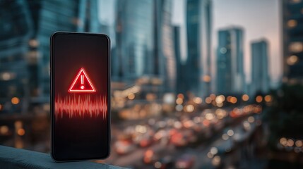 Mobile phones are showing earthquake alert signals in the city. AI generated image