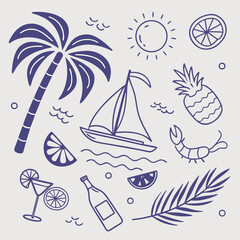Cute tropical summer design with fruity drinks, boats, and palm trees. Hand-drawn line art icons in a seamless pattern for lifestyle branding, packaging, and seasonal illustration projects.

