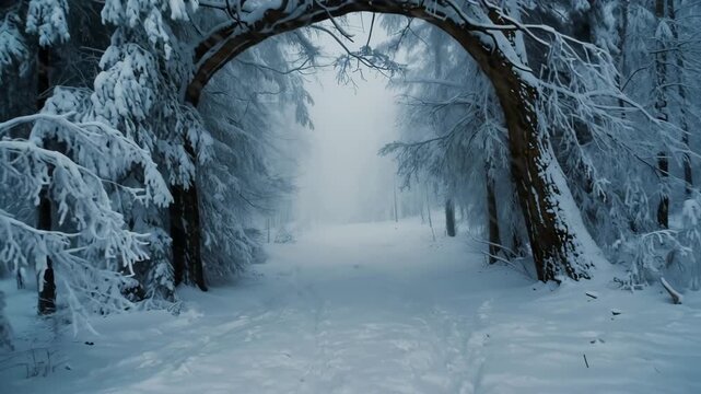 Snowy Winter Forest Path Covered With Frost and Pine Trees
