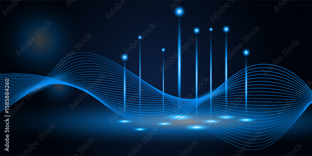 Poster vector illustration of futuristic digital technology background with glowing dots floating on digita