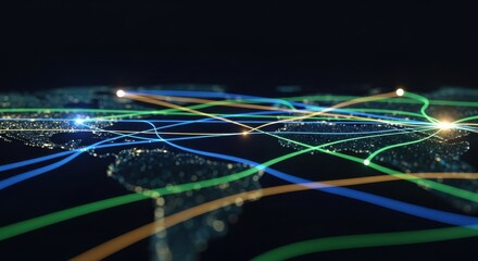 Global connectivity data flow visualization worldwide digital art dark aerial view technology concept