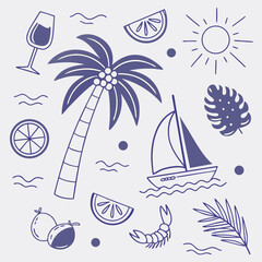 Hand-drawn tropical vacation scene with palm trees, coconuts, fruity cocktails, and sailing boats. Playful summer pattern design in outline style perfect for fashion and lifestyle products.

