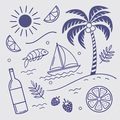 Fun and stylish summer vacation design in hand-drawn outline with palm leaves, cocktails, and boats. Seamless tropical pattern for seasonal fashion, product design, and branding visuals.


