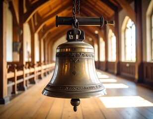 Fototapeta premium Antique bell hangs in a wooden hallway