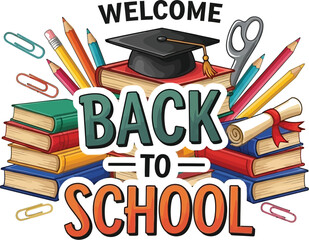 Welcome Back to School illustration features books, pencils, paper clips, scissors, and a graduation cap, perfect for educational projects and designs related to learning and academia.
