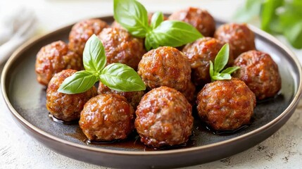 Meatballs on plate, garnished with basil