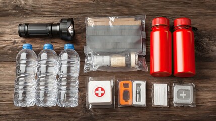 Essential survival items for emergency situations arranged on wooden surface. AI generated image
