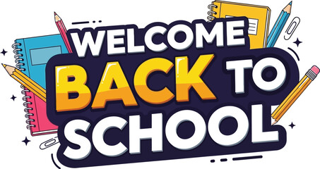Welcome back to school design featuring colorful notebooks, pencils, and a paper clip, perfect for educational materials, school promotions, and creative projects.