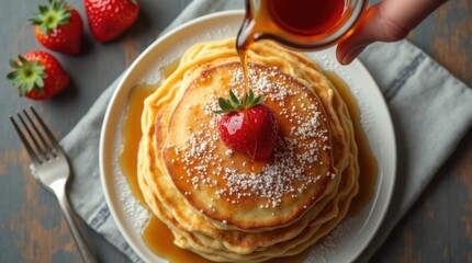Overhead view of crepes with maple syrup bottle pouring syrup from above

