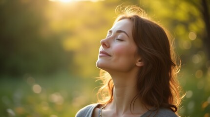 Serene woman with closed eyes breathing deeply in natural outdoor setting


