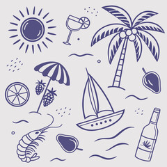 Tropical summer scene in line art style with fruity drinks, palm trees, coconuts, and boats. Hand-drawn pattern for seamless lifestyle design, summer prints, and travel-themed branding kits.

