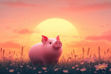 Pink pig in sunset field