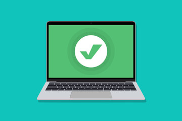 Laptop with checkmark icon. Computer screen showing green check mark for approval, completed task, or system verification © stas111