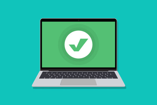 Laptop with checkmark icon. Computer screen showing green check mark for approval, completed task, or system verification