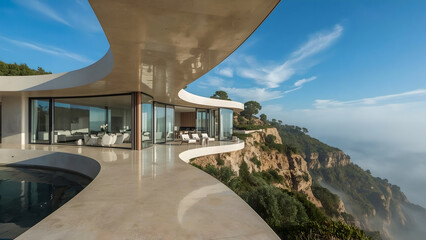 Fototapeta premium Modern Cliffside Home with Infinity Pool and Panoramic Ocean View