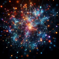 Fototapeta premium Artificial intelligence network. Abstract of a digital network illuminated by blue light, showing interconnected nodes and lines on a dark backgroun
