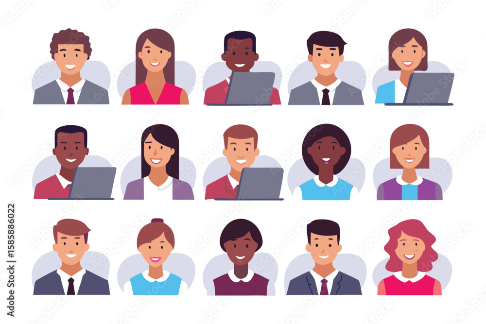 Poster diverse team avatars: a collection of diverse smiling avatars, representing a multicultural and incl