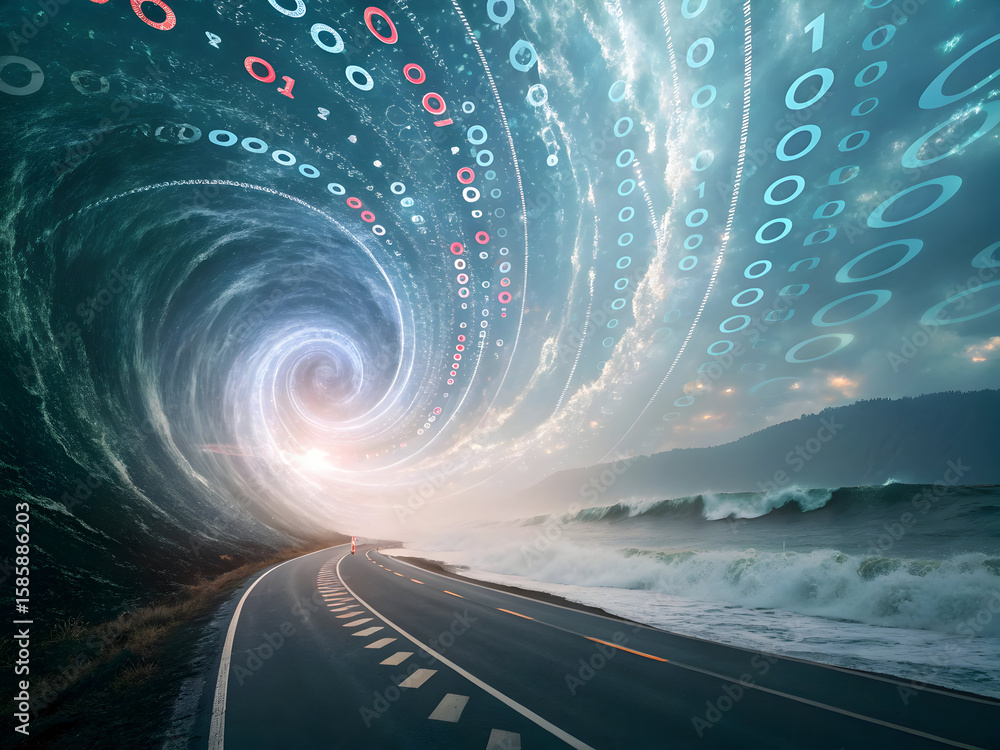 Poster digital vortex engulfs ocean highway with binary code streams and stormy waves cyberspace