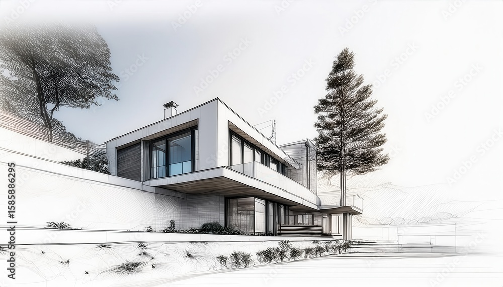 Poster hand drawn minimalist sketch of a panoramic villa featuring a modern design and a view from the side