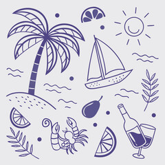 Fun and colorful hand-drawn tropical vacation pattern with drinks, coconuts, palm trees, and boats. Summer icon design ideal for seamless packaging, product labels, and digital media assets.

