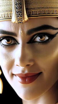 Elegant Egyptian queen adorning golden accessories, regal headdress, dramatic makeup, confidently posing with piercing gaze in professional studio setting