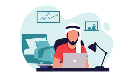 Middle Eastern man working remotely from home office with laptop, charts and bed in background, modern lifestyle illustration.