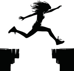 Silhouette of person jumping over gap isolated vector style on white background
