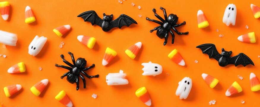 The Halloween Themed Collection of Candies and Decorations on Orange Background. - Powered by Adobe