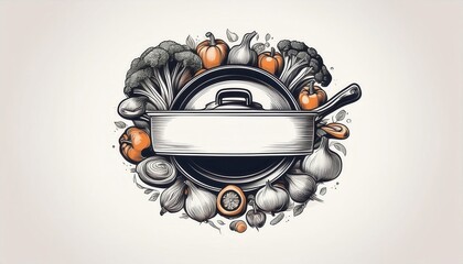 Logo design featuring a pan surrounded by colorful vegetables and a blank label for culinary branding