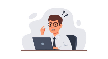 A young businessman sits at his desk, looking perplexed and scratching his head while working on his laptop, uncertainty and question marks floating above him.