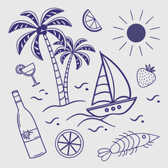 Whimsical seamless tropical pattern with hand-drawn boats, cocktails, palm trees, and coconut icons. Playful summer vacation elements for trendy branding, illustration, and fashion prints.

