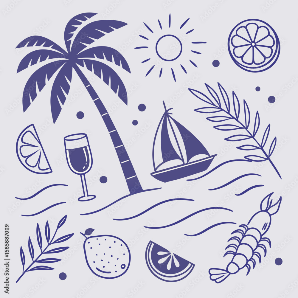 Fototapete hand-drawn tropical vacation scene with palm trees, fruity drinks, boats, and coconuts. whimsical su