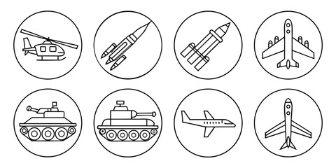 Helicopter rocket tank airplane jet icons vector