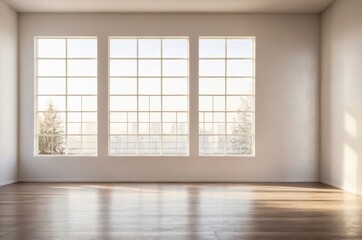 A large empty room with three windows and a wooden floor