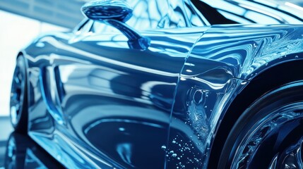 Shiny blue car detailing closeup