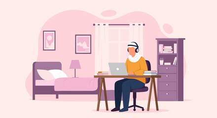 A person wearing headphones works on a laptop at a desk in a cozy bedroom, illuminated by natural light from a window.