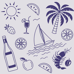 Playful and elegant tropical summer design with boats, fruity drinks, and palm trees in outline style. Hand-drawn seamless pattern for creative branding, travel blogs, and seasonal packaging.

