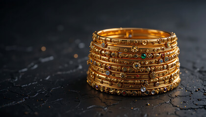 Intricate stack of traditional gold bangles adorned with colorful precious gems.