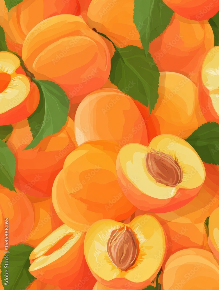 Poster peach and apricot halves create a colorful seamless pattern with one section untouched, showcasing v