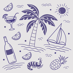 Cute tropical summer illustration featuring coconuts, boats, palm trees, and island fruits. Hand-drawn seamless pattern in pastel tones for fashion design, branding, and digital artwork.

