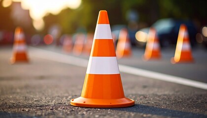 Orange Traffic Cone on Road with Bokeh Lights