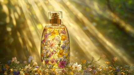 Perfume bottle surrounded by flowers in sunlight