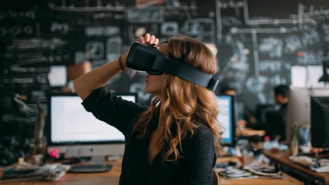Woman Using Virtual Reality Headset in Modern Tech Office
