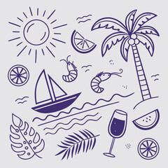 Playful hand-drawn tropical island vacation icons with fruits, coconuts, sailboats, and palm leaves. Modern and stylish summer design perfect for seamless patterns and lifestyle branding.

