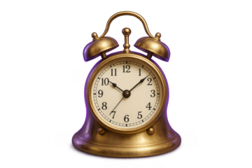 Golden alarm clock showing seven o'clock on transparent background