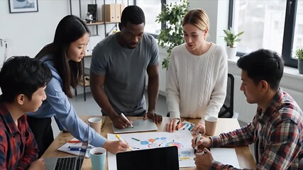 Top-down zoom-out view of a creative team of young professionals sketching a business strategy on paper around an office table, brainstorming in a collaborative workspace.